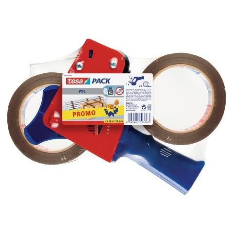 tesapack Extra Strong und Handabroller im Set mit 2 besonders reißfesten PVC-Klebebändern - Braun - 66 m x 50 mm Cover