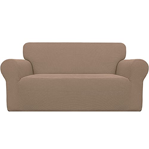 Image of Easy-Going Stretch Oversized Loveseat Slipcover 1-Piece Sofa Cover Furniture Protector Couch Soft with Elastic Bottom for Kids Polyester Spandex Jacquard Fabric Small Checks Camel