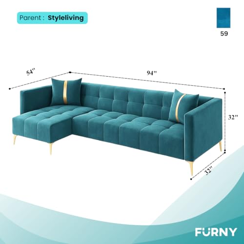 Image of FURNY Styliving 6 Seater Fabric LHS L Shape Sofa Set (Aqua Blue) with Golden Finish Legs | Durable & Comfortable | Ideal for Living Room
