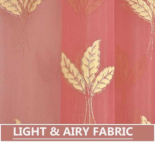 Image of IVAZA Polyester Semi-Transparent Leaf Embroidered Curtain ? Sheer Voile Panel with Eyelets ? Lightweight & Airy ? Ideal for Living Room, Bedroom, Balcony Long Door- 9 Feet (Pack of 2) Pink