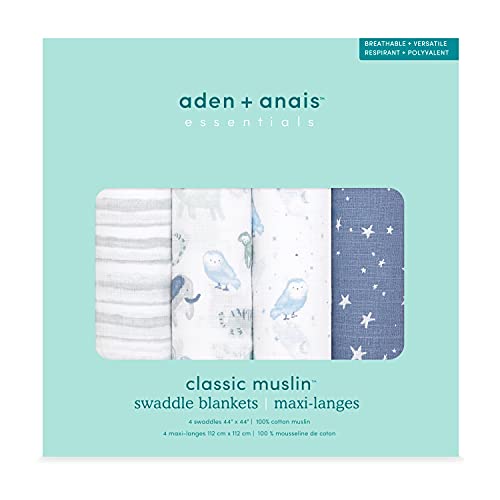Image of aden + anais Essentials Swaddle Blanket, Boutique Muslin Blankets for Girls & Boys, Baby Receiving Swaddles, Ideal Newborn & Infant Swaddling Set, Perfect Shower Gifts, 4 Pack, Time to Dream