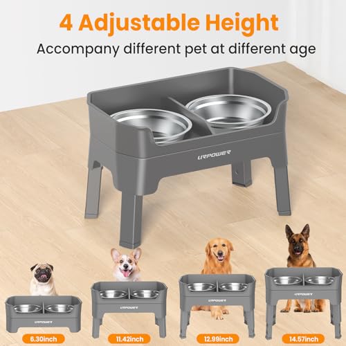 URPOWER 3-in-1 Elevated Dog Bowls - Mess Proof Double Deck 4 Height Adjustable Raised Stand with 2 Stainless Steel Food Bowls & Licking Plate for Small, Medium & Large Dogs - Image 4