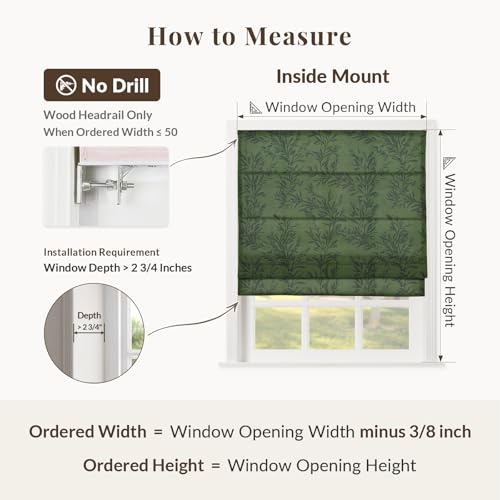 Image of TWOPAGES No Drill Cordless Vintage Leaf Print Roman Shades Linen Textured Roman Blinds for Windows, Custom Made Room Darkening Light Filtering Roman Window Shades, Moss, 1 Piece