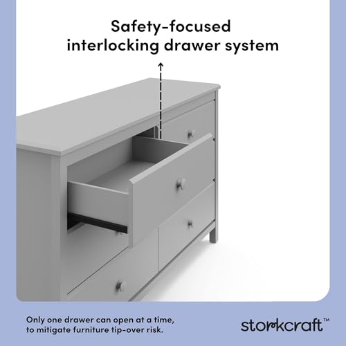 Image of Storkcraft Alpine 6-Drawer Dresser (Pebble Gray) - GREENGUARD Gold Certified, Gray Dresser for Bedroom, Kids & Nursery Storage Drawers, Safety Interlocking Drawers, Pre-Installed Tracks, Kids Bedroom
