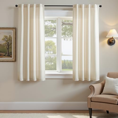Image of jinchan Beige Curtains for Living Room Bedroom Linen Textured 63 Inches Length Farmhouse Casual Weave Back Tab Drapes Light Filtering Window Curtains 2 Panels Heathered Beige