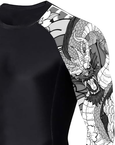 Mens Long Sleeve Rash Guard UPF 50+, Black White Dragon Men's Compression Shirt Long Sleeve Swim Shirts Rash Guard3