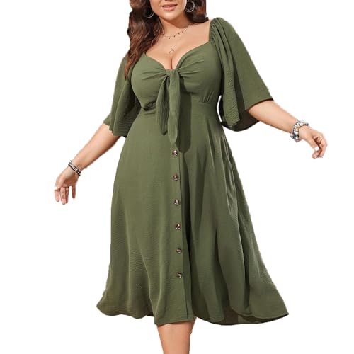 BSLVWG Damen Plus Size Sommerkleid 2024 Casual Kurzarm Sommer Tiefer Urlaub V-Ausschnitt Elegante Fliege Loose Fit T-Shirt Kleid (DE/NL/SE/PL,...
