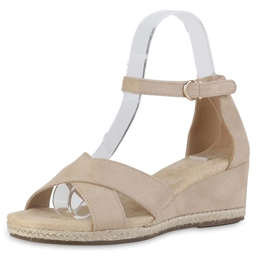 VAN HILL Damen Keilsandaletten Keilabsatz Bast Trendy Schuhe 215189 Beige Velours 39