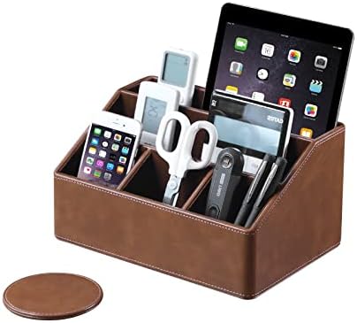 Cretkhp Pu Leather Desk Organizer with Coaster, Multifunctional Storage Box with 5 Compartments, Office Accessories Pen Pencil Business Name Cards Remote Control Holder (Brown)