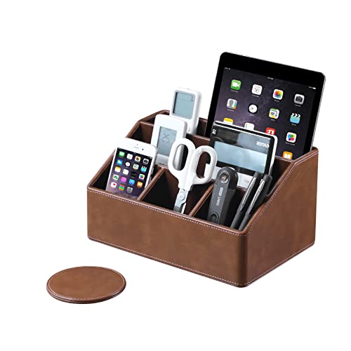 Cretkhp Pu Leather Desk Organizer With Coaster, Multifunctional Storage Box With 5 Compartments, Office Accessories Pen Pencil Business Name Cards Remote Control Holder (Brown) #TOP1
