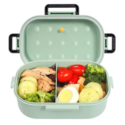 Ninevi Eastor Bento Box Hermetico, 1000 ml lancheiras para crianças, com 2 compartimentos e talheres, lancheiras de trabalho, caixas de plástico de fruta, para micro-ondas e lava-loiças (verde)