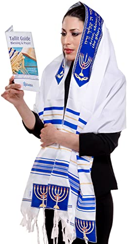 HolYudaica Tallit Prayer Shawl with Matching Bag, Certified Kosher, Kumi Ori 24"x72", Uniq Design on The Attara & Corners, Made in Israel, Soft Acrylic Tallit Prayer Shawl For Men & Women (Blue)
