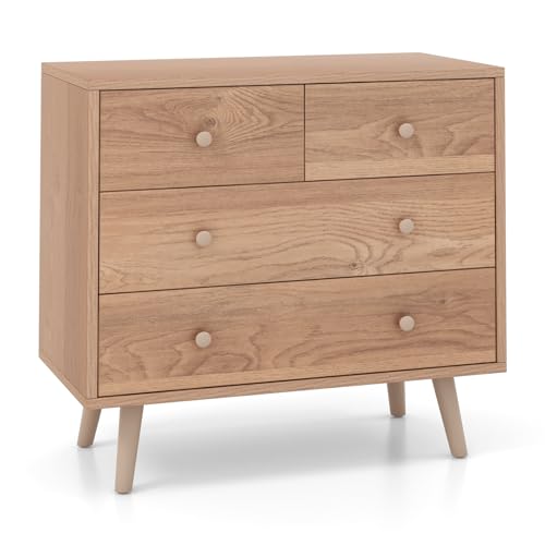 COSTWAY Chest of Drawers, 4-Drawer Dresser Storage Cabinet, Wooden Freestanding Chest Cupboard Organiser Unit for Bedroom, Living Room, Closet and Hallway, 80x40x77cm (Natural)