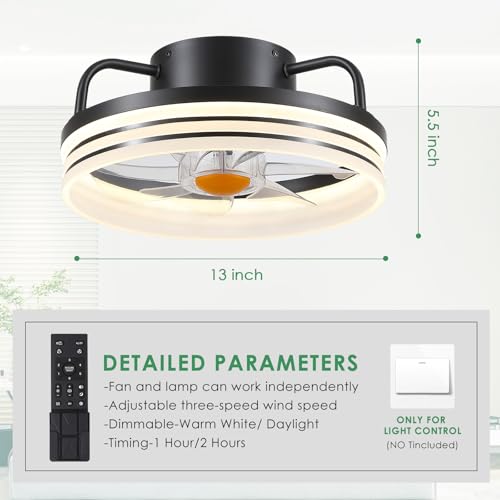 Image of Mpayel Ceiling Fans with Lights and Remote - Flush Mount Low Profile Ceiling Fans - 13 inch Bladeless Enclosed Ceiling Fans with Led Light and Stepless Dimming, Small Modern Ceiling Fan for Bedroom