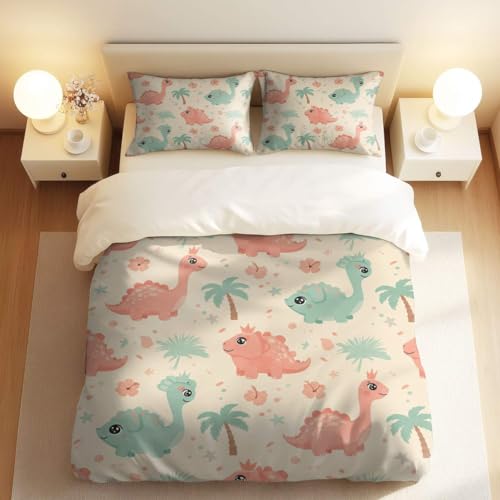 Bonito juego de funda de edredón de dinosaurio rosa, ropa de cama infantil de dibujos animados, adecuado para niños y niñas, diseño de 3 piezas (05, King + 50 x 75 cm x 2)