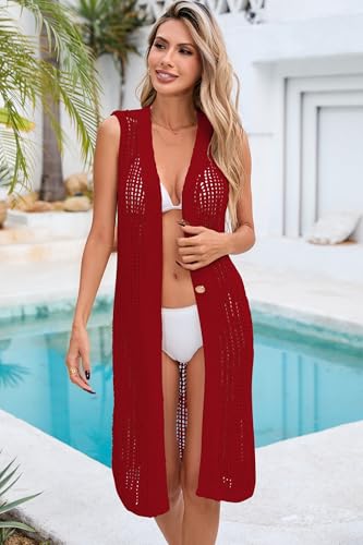 Image of Cakulo Womens Crochet Cardigan Summer Sleeveless Hollow Out Long Vest 2026 Boho Beach Vacation Swim Cover Up