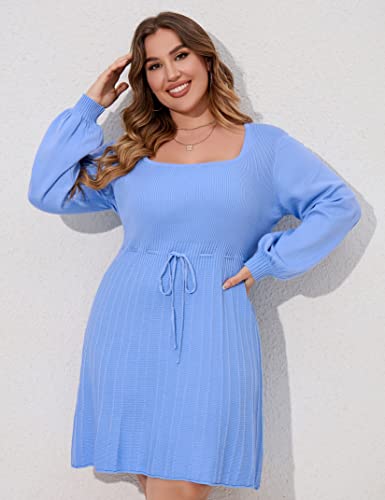 Image of Women's Plus Size Casual Sweater Dress Square Neck Long Lantern Sleeve Tie Waist Loose Pullover Sweater Dresses