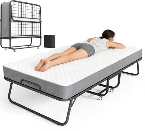 SUNCROWN 75” x 31” Folding Bed with Mattress, Portable Rollaway Bed, Space-Saving Sturdy Metal Frame, Fold up Bed with 5' Memory Foam Mattress,...