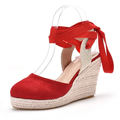 HIKKWXVN Alpargatas con Cordones para Mujer, Sandalias de Plataforma con cuña y Puntera Cerrada, para Fiestas, Bailes, Vacaciones, Playa, Zapatos Elegantes,Rojo,34 EU