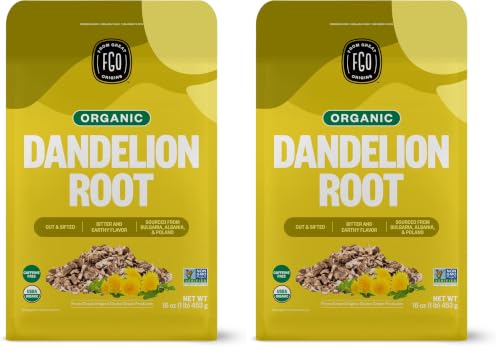 FGO Organic Dandelion Root Loose Tea, Cut and Sifted, Caffeine Free, 16oz Bulk Resealable Bag, Packaging May Vary (Pack of 2)