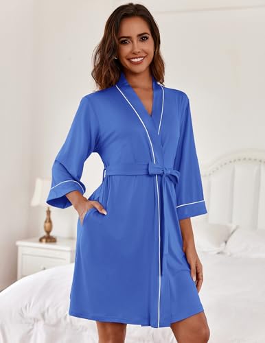 Image of Ekouaer Women Kimono Robes Knee Length Knit Bathrobe Lightweight Soft Sleepwear V-neck Casual Ladies Loungewear