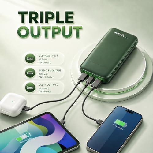 Image of Nextech Slender 10000mAh Fast Charging Power Bank 22.5W PD QC 3.0, Ultra Slim Mini Powerbank with Type C Output, Compact Portable Charger for iPhone, Android Smartphones, Tablets - Green