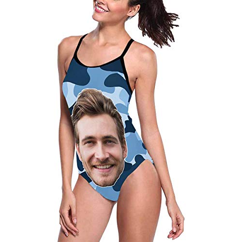 Custom Face Photo Bikini Swimsuit Lacing Backless One-Piece Swimsuit Blue cover up XXL