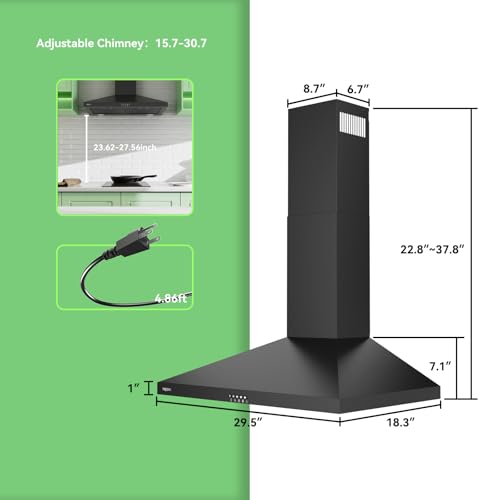 Image of magicplux Wall Mount Range Hood 30 inch, 380 CFM Kitchen Hood With Ducted /Ductless Convertible, 3 Speed Exhaust Fan with LED light, Balck