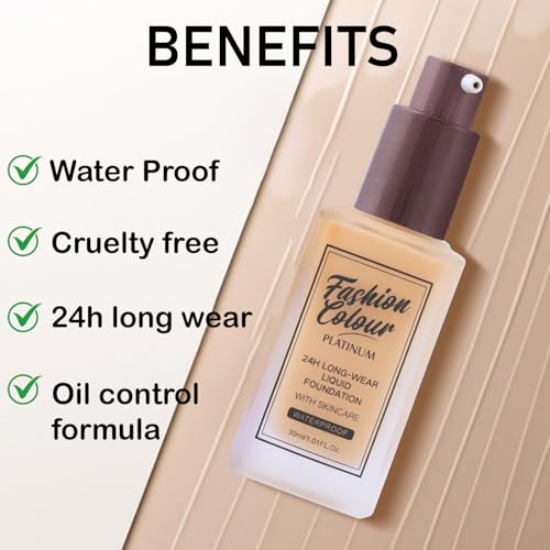 Image of Fashion Colour Platinum 24H Long-Wear Liquid Foundation With Skincare | Professional Use | Waterproof Formula | Silky Texture | Foundation for Women Dry Skin | (SUGAR, 30g)