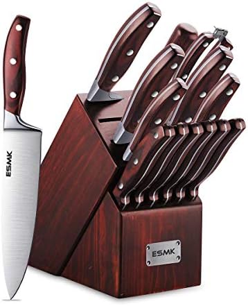 Knife Set, 15-Piece Kitchen Knife Set with Block Wooden, Manual Sharpening for Chef Knife Block Set, German Stainless Steel, ESMK (15 PCs Knife Block Set)