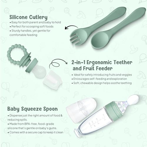 Image of 6-Piece Bpa-Free Silicone Solid Baby Feeding Set | Soft Suction Plates, Baby Food Bowl, Wooden Fork & Spoon, and More | Make Mealtime Fun and Easy for Your Little One