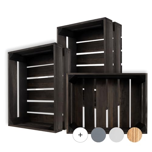Creative Deco Caisse en bois noire 40 x 30 x 15 cm | Poli | Caisse à fruits, à vin, à pommes | Boîte cadeau, coffre à jouets, boîte de rangement