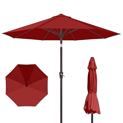 PatioKingdom 10FT Patio Umbrella with Push Button Tilt and Crank, Outdoor Market Umbrella with 8 Fiberglass Ribs, UV Protection Table Umbrella for Pool,Backyard,Garden,Deck,Red