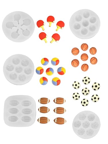 Liiaiyter 5 Pieces Mini Sports Ball Silicone Mold, Resin Chocolate Cake Decoration Molds - Tiny Soccer/Basketball/Rugby/Volleyball/Table Tennis Molds for Fondant, Candy, DIY Craft (Sports)