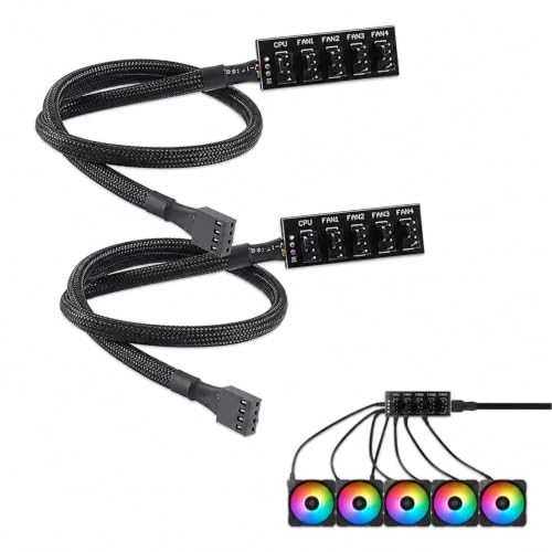 2 Pièces 4 Broches PWM Fan Hub, Splitter PWM Fan Hub PC 5 Way Sleeved PWM Fan Splitter,Adaptateur Câble pour 12V Ordinateur de Bureau Cooler Case Ventilateurs 4 Broches et 3 Broches.