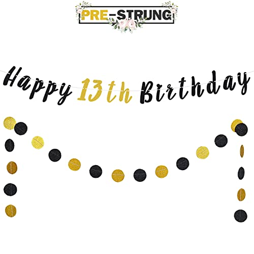 LASKYER Happy 13th Birthday Decoration Set - 13th Birthday Banner with Black & Gold Glitter Circle Dots Cheers to Thirteen Years Old Birthday Party Decorations.[Pre - Strung]