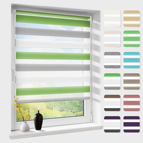 Doppelrollo klemmfix ohne Bohren, Duo Rollos für Fenster & Tür mit Bohren, Weiß Grau Grün B45 x H140cm (Stoffbreite 45 cm), Fensterrollo lichtdurchlässig & verdunkelnd, Klemmrollo Sonnenschutz