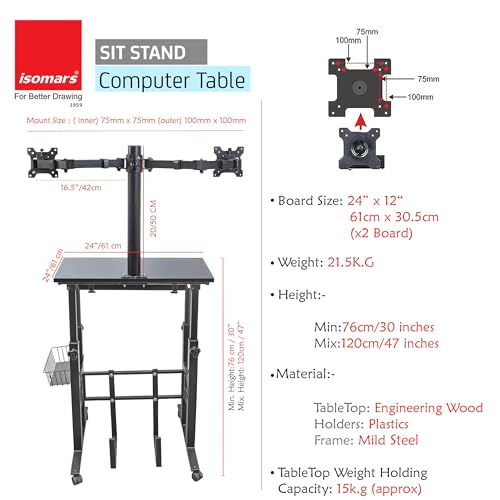 Image of Isomars Computer /Laptop Table with Dual Monitor Mount, Adjustable Height & Angles, Sit Stand Table, Computer Desktop Workstation Useful for Gadgets Like Desktop, Laptop, etc. (Black).