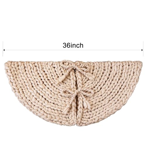 LimBridge Knitted Christmas Tree Skirt: 36 Inches Crochet Beige Tree Skirt, Chunky Knit Thick Rustic Christmas Tree Decorations, Farmhouse Christmas Decor Xmas Holiday Home Party Decorations - Thumbnail 2
