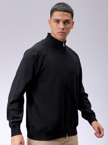 Image of The Indian Garage Co Men Relaxed Fit Solid High Neck Front Open High Neck Sweatshirt
