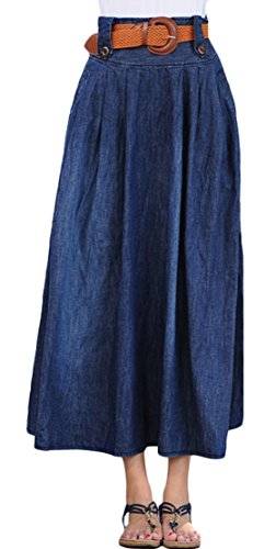 Youhan Women's Vintage Fitted Cotton Denim Pleated Long Maxi Skirt