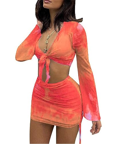 Image of Women's Sexy Long Sleeve Two 2 Pieces Outfits Sheer Mesh Mini Dress Skirt Set Top V Neck Backless Ruched Bodycon Cover Up