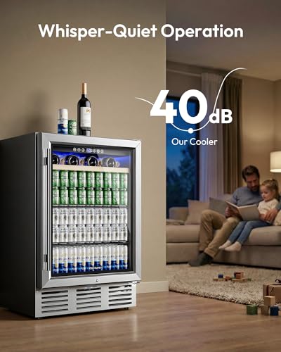 Image of EUHOMY 24 Inch Wine and Beverage Refrigerator, 112 Cans & 8 Bottles Built-in or Freestanding Beverage Refrigerator Double-Layer Glass Door, Under Counter Wine Fridge for Kitchen, Bar, Office