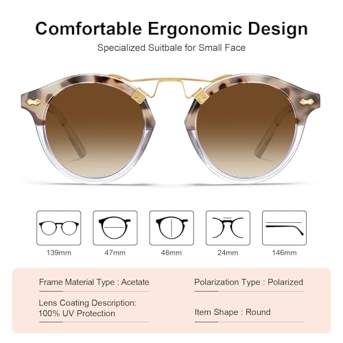Image of CARFIA Double Bridge Small Acetate Sunglasses for Women Polarized, Retro Metal Brow Ladies Sunnies Fashion Round Eyewears
