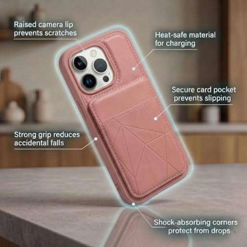 Image of amazon basics Premium Vegan Leather Back Cover with Card Holder and Integrated Mobile Stand for iPhone 16 Pro - Slim Shockproof Wallet Case with Geometric Stitching [Pink]