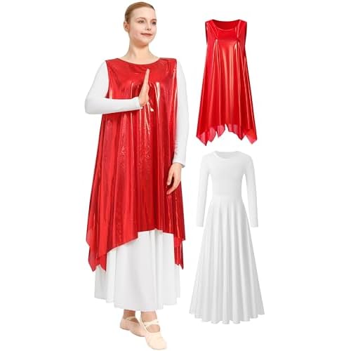MOLLDAN 2-Piece Praise Dance Dress Set Tunic Liturgical Dancewear Irregular Worship Dress for Church Choir Performance Metallic-red Medium