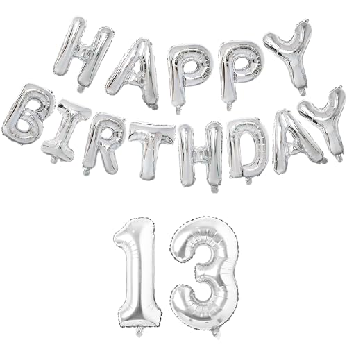 Image of Flyloons 13th Silver Happy Birthday Foil Balloon Set for 13 Year Old Boys Girls Teenage | with Number Thirteen | 13 Letters Reusable Happy Birthday Metallic Foil Balloons Decoration Kit,15 piece