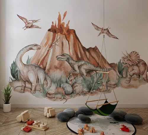 Vinilo decorativo de dinosaurios con volcán para pared miniatura 1
