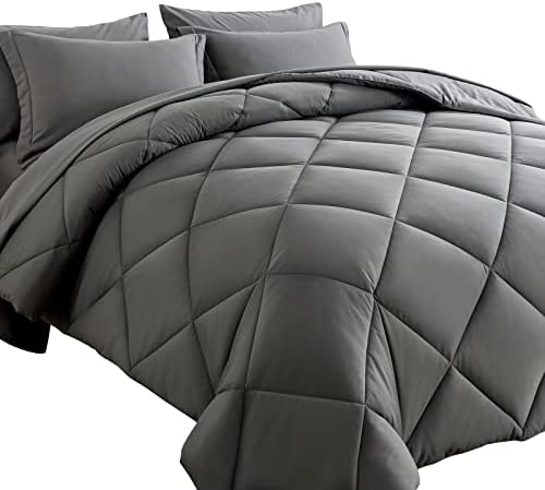 Cosybay Bed in a Bag Queen Comforter Sets 7pcs All Season Solid Down Alternative Bedding Sets Dark Grey with Comforter, Pillow Shams, Flat Sheet, Fitted Sheet and Pillowcases