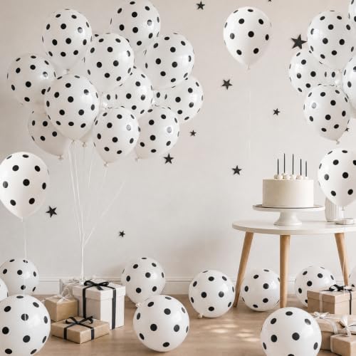Image of TONIFUL 100 Pack White Balloons 12 Inch Polka Dot Latex Balloon Black Dots on White for Bachelorette Birthday Wedding Baby Shower Graduation Party Decorations